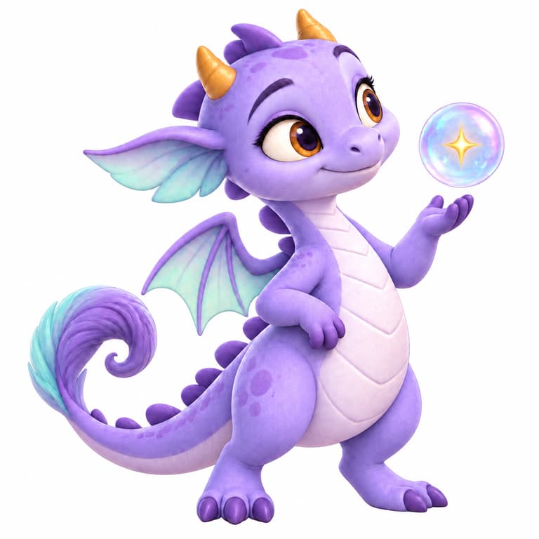 Chispita, una dragoncita morada con alas de colores.